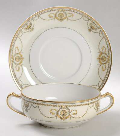 Eugenie (Black Laurel & Swags) Flat Cream Soup Bowl & Saucer Set