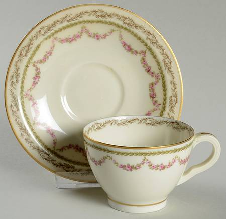 Eugenie (Green Leaves, Pink Roses) Flat Demitasse Cup & Saucer Set