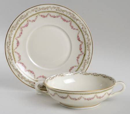 Eugenie (Green Leaves, Pink Roses) Footed Cream Soup Bowl & Saucer Set