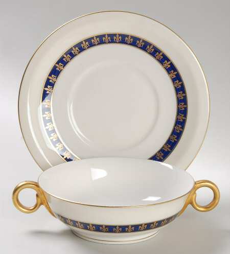 Fleur De Lis Cobalt Blue Footed Cream Soup Bowl & Saucer Set