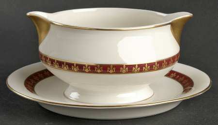 Fleur De Lis Red Gravy Boat with Attached Underplate