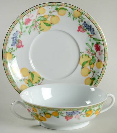 Jardin D'Eden (White Rim) Footed Cream Soup Bowl & Saucer Set