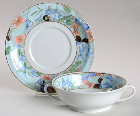 Madoura (Celadon Background) Footed Cream Soup Bowl & Saucer Set