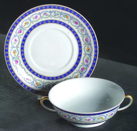 Malmaison (Newer, Blue Bands) Footed Cream Soup Bowl & Saucer Set
