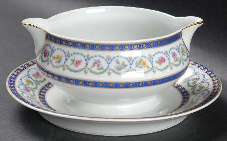 Malmaison (Newer, Blue Bands) Round Gravy Boat/Attached Underplate