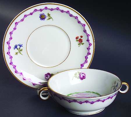 Malmaison (Older, Purple Scene) Footed Cream Soup Bowl & Saucer Set