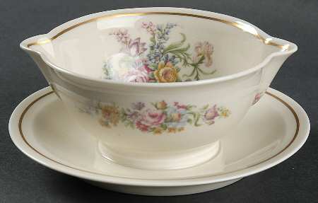 Miramar (Floral Center, Gold Band) Gravy Boat with Attached Underplate