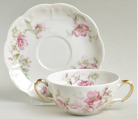 The Miramar (White with Pink Flowers) Flat Bouillon Cup & Saucer