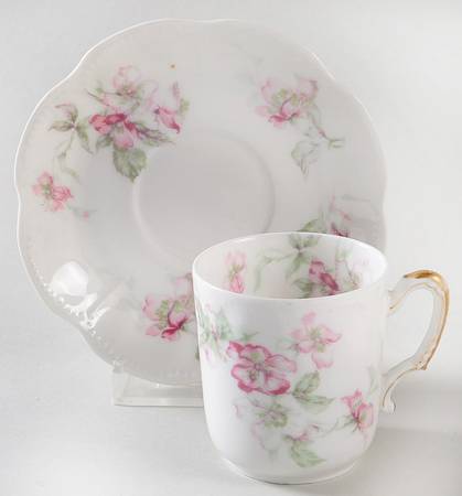 The Miramar (White with Pink Flowers) Flat Demitasse Cup & Saucer Set