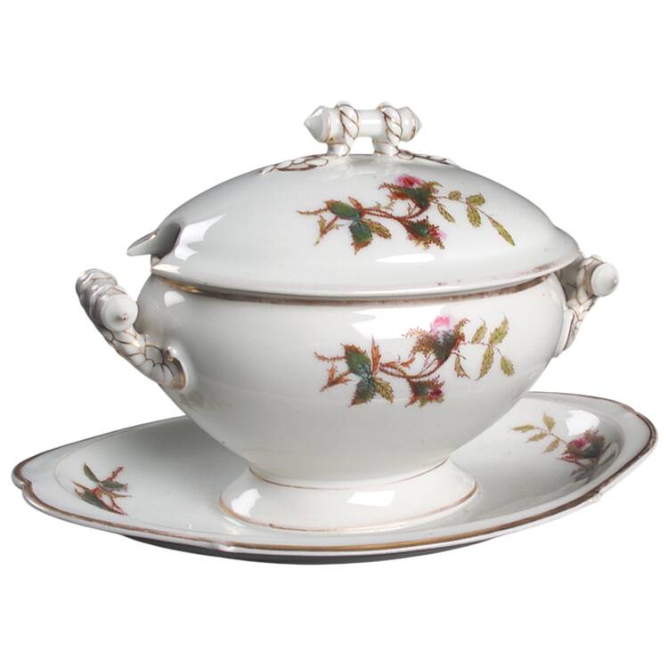 Moss Rose (Thick Gold Trim) Gravy Boat w/Attached Underplate & Lid