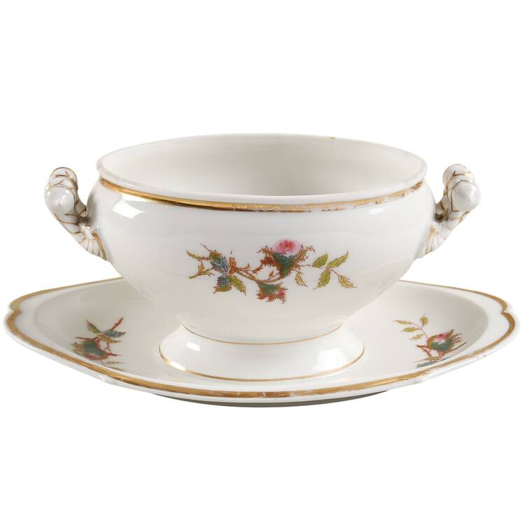 Moss Rose (Thick Gold Trim) Gravy Boat w/Attached Underplate No Lid