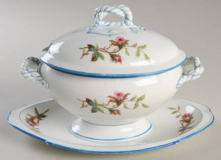 Moss Rose (Blue Trim) Sauce Boat with Attached Underplate & Lid