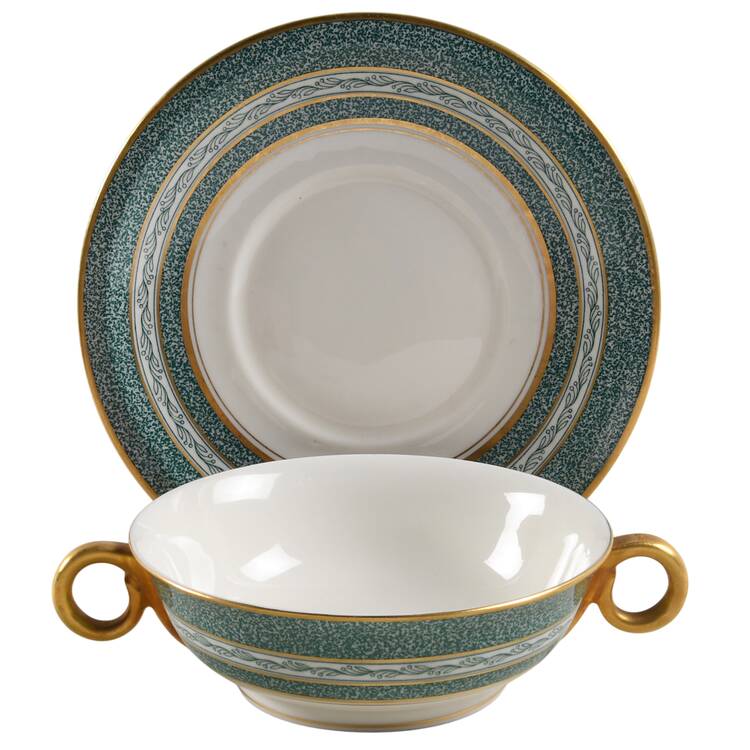 Mosaic Blue Green Flat Cream Soup Bowl & Saucer Set