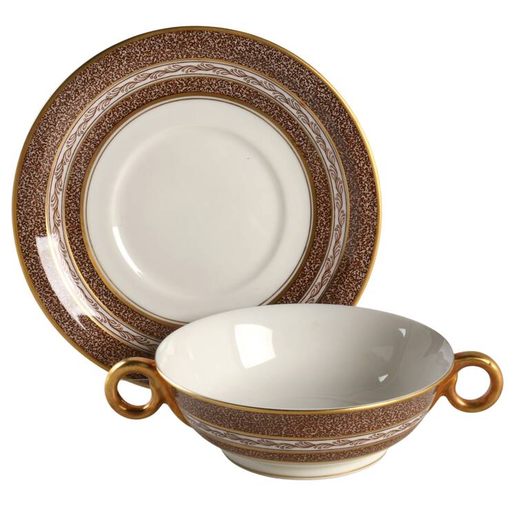 Mosaic Brown Footed Cream Soup Bowl & Saucer Set