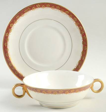 Oakmont Maroon Footed Cream Soup Bowl & Saucer Set