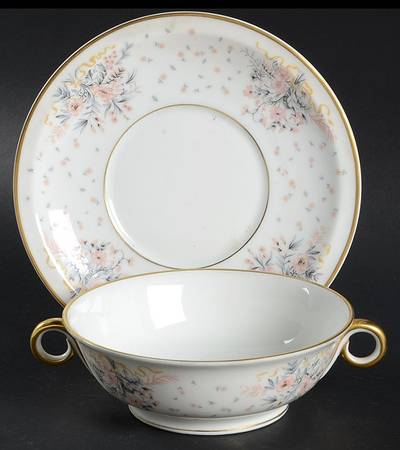 Paisley (Pink & Grey) Footed Cream Soup Bowl & Saucer Set