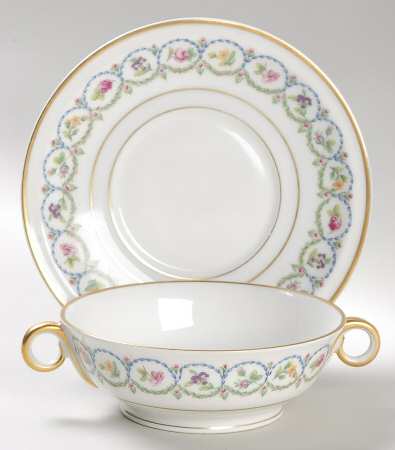 Pompadour Blue and Green (Gold Trim) Footed Cream Soup Bowl & Saucer Set