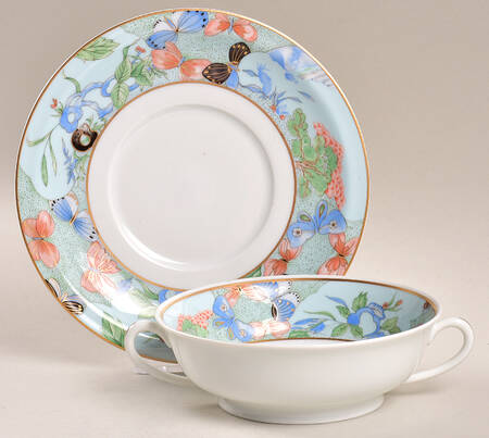Romantique (White Backgd) Flat Cream Soup Bowl & Saucer Set