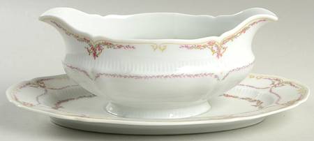 Savoie (Fr, Pink & Green Design) Gravy Boat with Attached Underplate