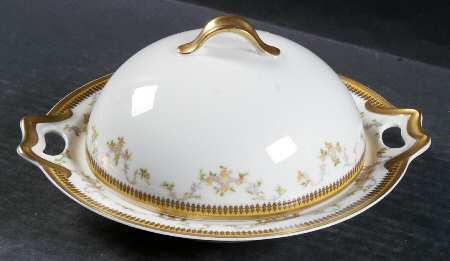The Valmont (Old, Gold Trim) Round Covered Butter with Strainer