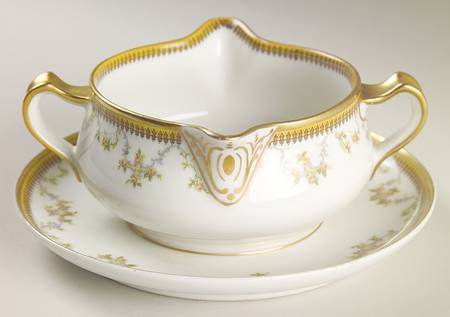 The Valmont (Old, Gold Trim) Gravy Boat with Attached Underplate