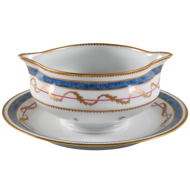 Vieux Paris Blue Round Gravy Boat/Attached Underplate