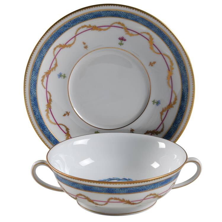 Vieux Paris Blue Flat Cream Soup Bowl & Saucer Set