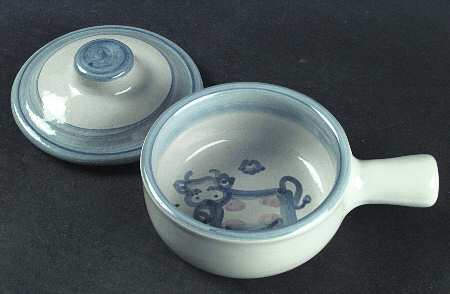 Country Scene Blue Porringer & Lid