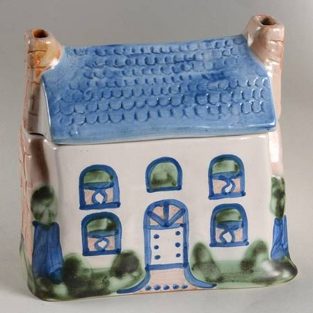 Country Scene Blue House Figural Household Box & Lid