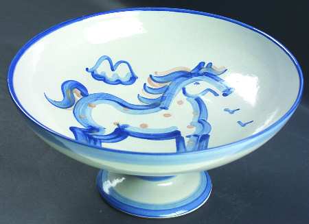 Country Scene Blue Round Compote (Height X Width)