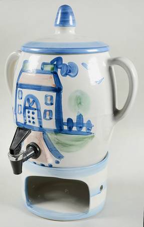 Country Scene Blue 3-Piece Samovar with Stand Set