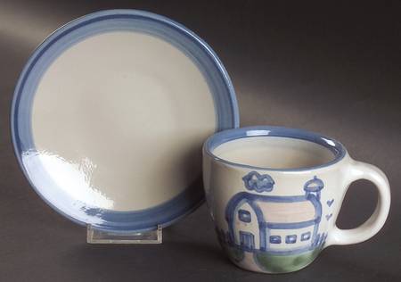 Country Scene Blue Flat Cup & Saucer Set