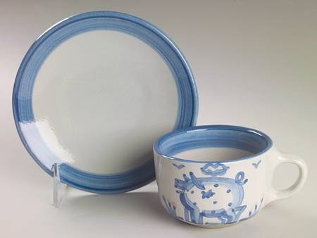 Country Scene Blue Flat Cup & Saucer Set
