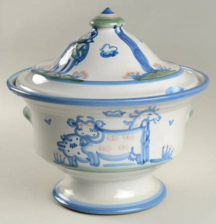 Country Scene Blue Tureen &  Lid