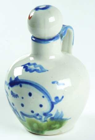 Country Scene Blue Handled Oil Cruet W/Stopper