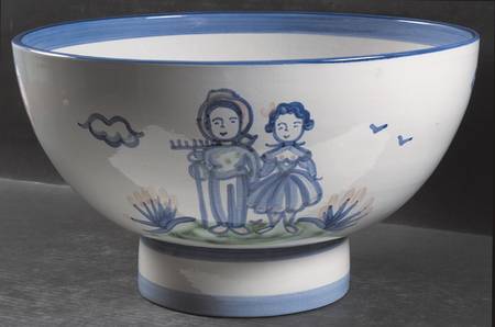 Country Scene Blue Punch Bowl & Stand
