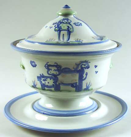 Country Scene Blue Tureen & Lid w/Underplate
