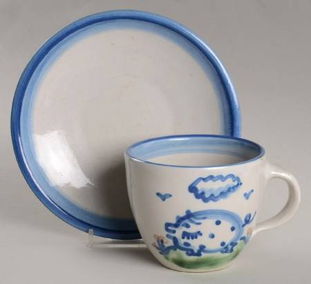 Country Scene Blue Flat Cup & Saucer Set