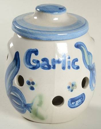 Country Scene Blue Garlic Keeper & Lid