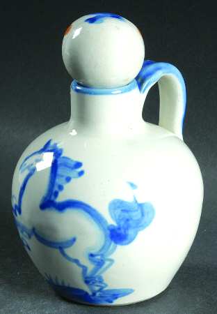 Country Scene Blue Handled Vinegar Cruet with Stopper