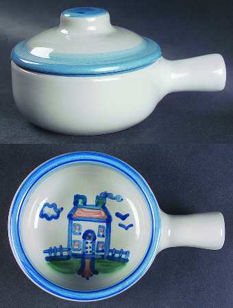 Country Scene Blue Porringer & Lid