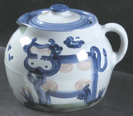 Country Scene Blue Bean Pot & Lid