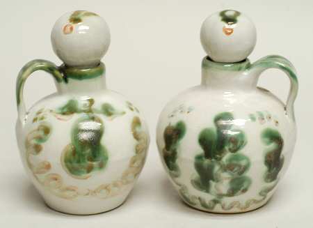 Pear and Grape Green Vinegar and Oil Set with "V" and "O" Stoppers