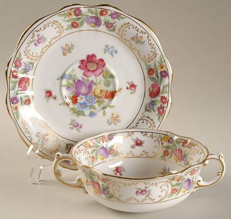 Dresden Sprays Flat Cream Soup Bowl & Saucer Set