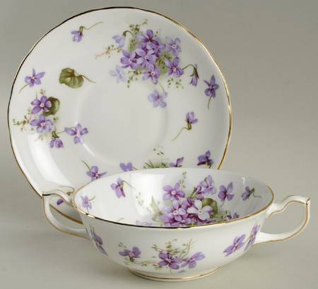 Victorian Violets Footed Cream Soup Bowl & Saucer Set