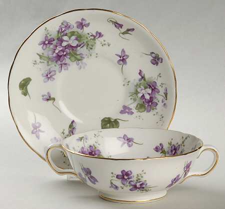 Victorian Violets Footed Cream Soup Bowl & Saucer Set