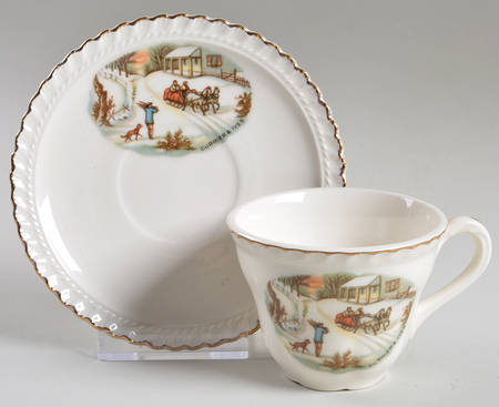 Currier & Ives (No Gold Inner Band) Flat Demitasse Cup & Saucer Set