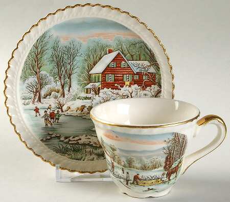 Currier & Ives (No Gold Inner Band) Flat Demitasse Cup & Saucer Set