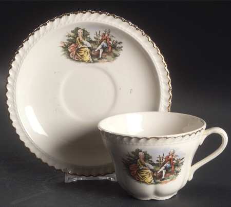 Godey Prints Flat Cup & Saucer Set by Harker