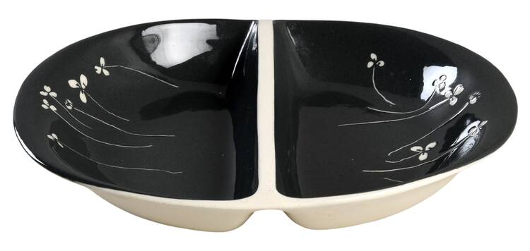 White Clover Charcoal Gray 11" Oval Divided Vegetable Bowl